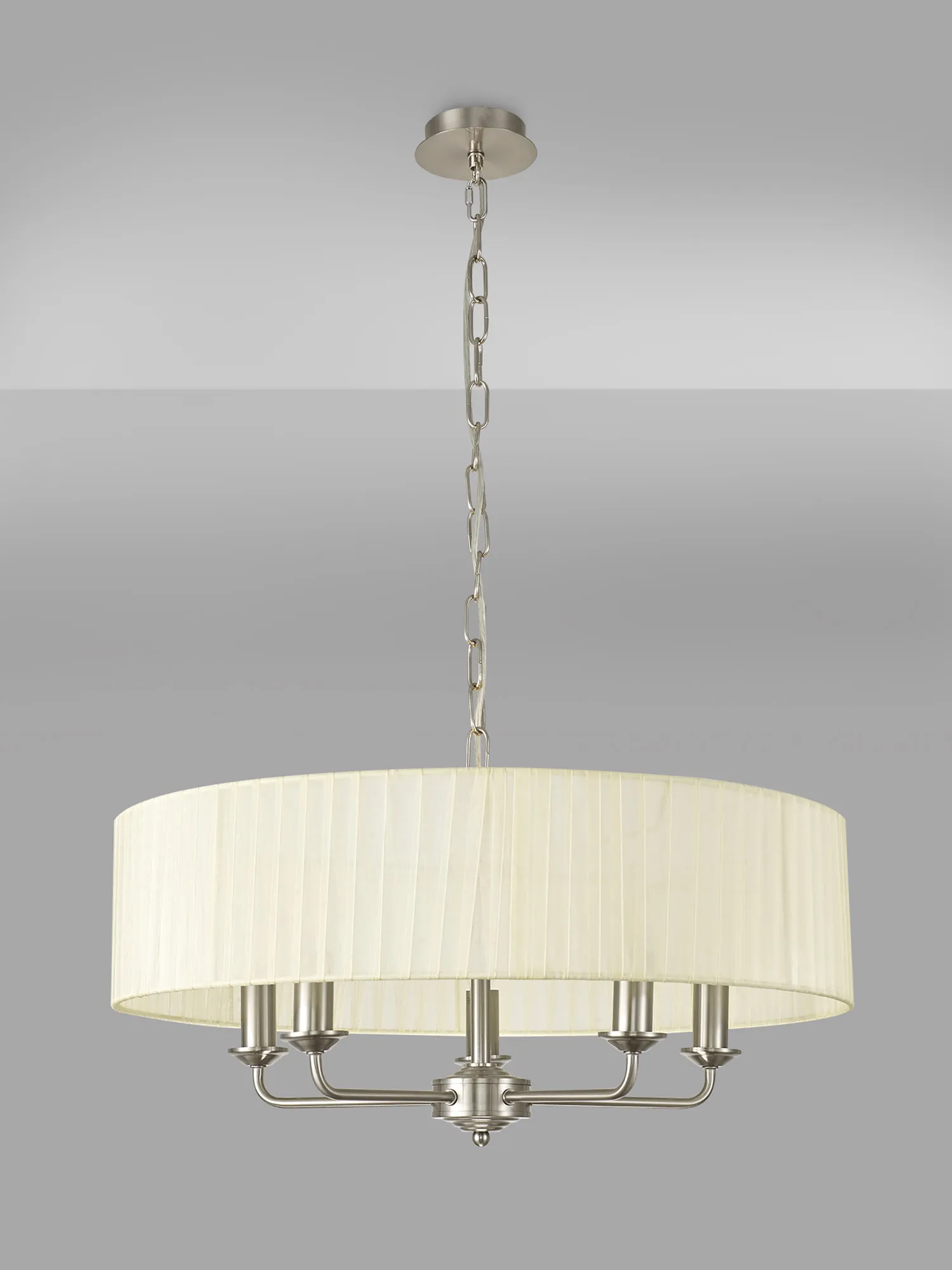 Banyan 5 Light Multi Arm Pendant With 60cm x 15cm Organza Shade Satin Nickel/Cream DK0874  Deco Banyan SN CR